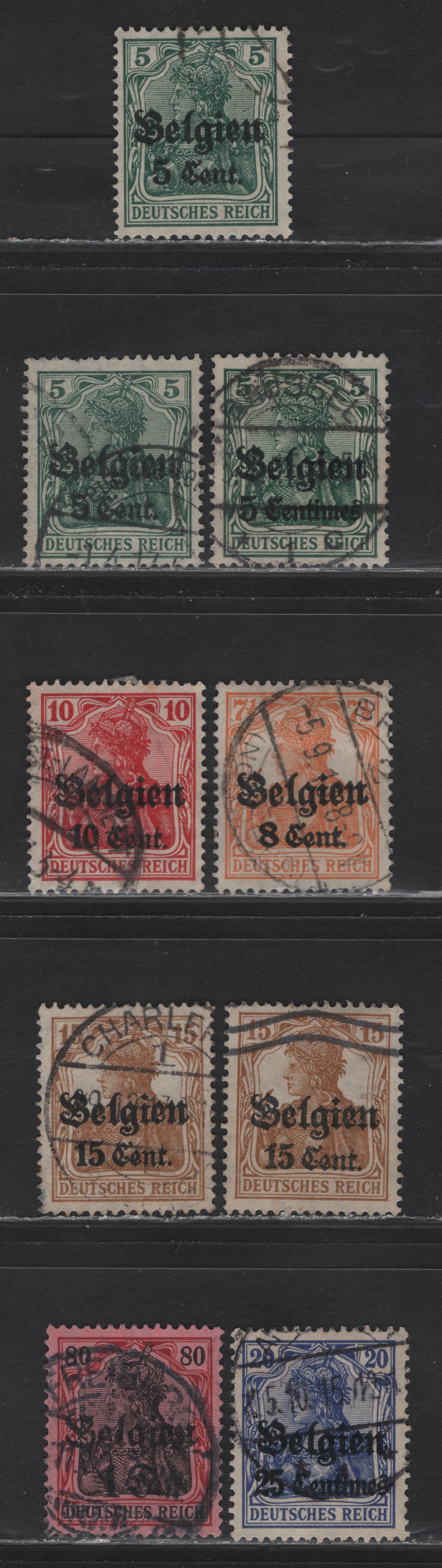 Lot 140 Belgium SC#N12-N15, N17, N22 (Michel# 12Ia-b, 12II, 13aI, 14a, 15I, 18b, 22) 5c on 5pf - 1fr on 80pf Green - Lake & Black , 1916-1918 Overprinted Germania Occupation Issue, 6 Very Fine Used Singles, Various Spacings Between Numerals & 'Cent'