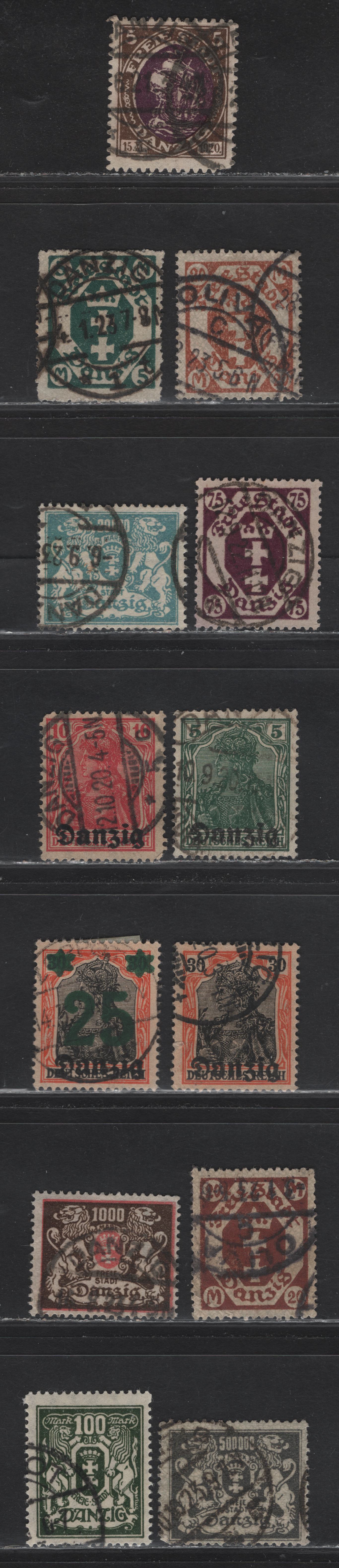Lot 141 Danzig SC#1-2, 5, 21, 49, 81, 89, 93, 111, 114, 131, 135 5pf - 20n000m Green - Pale Blue , 1920-1923 Germania Overprinted - Arms Issues, 12 Fine/Very Fine Used Singles