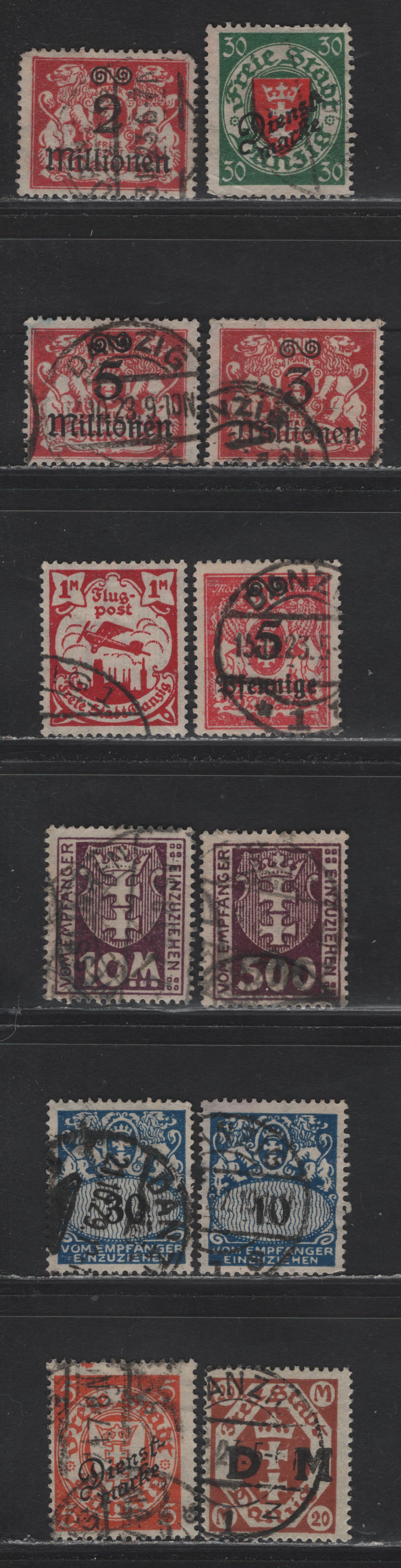 Lot 142 Danzig SC#145-147, 156, C6, J12, J21, J31, J34, O27, O42, O48 2mil on 10,000m - 30pf Carmine - Green & Red , 1923-1925 Surcharges - Official Overprinted Issues, 12 Fine/Very Fine Used Singles