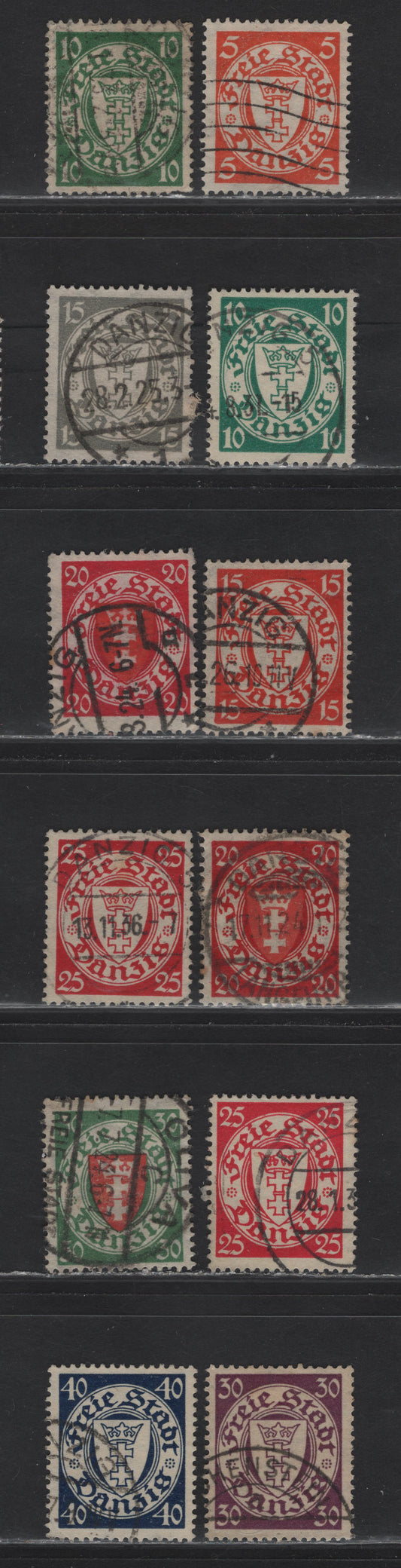 Lot 143 Danzig SC#170, 173,c, 175-177a, 180-182, 186 5pf - 40pf Orange - Dark Blue , 1924-1937 Arms Issue, 11 Fine/Very Fine Used Singles, Includes Both Shades Of The 20pf Carmine & Red & 20pf Deep Lilac Red & Rose Red