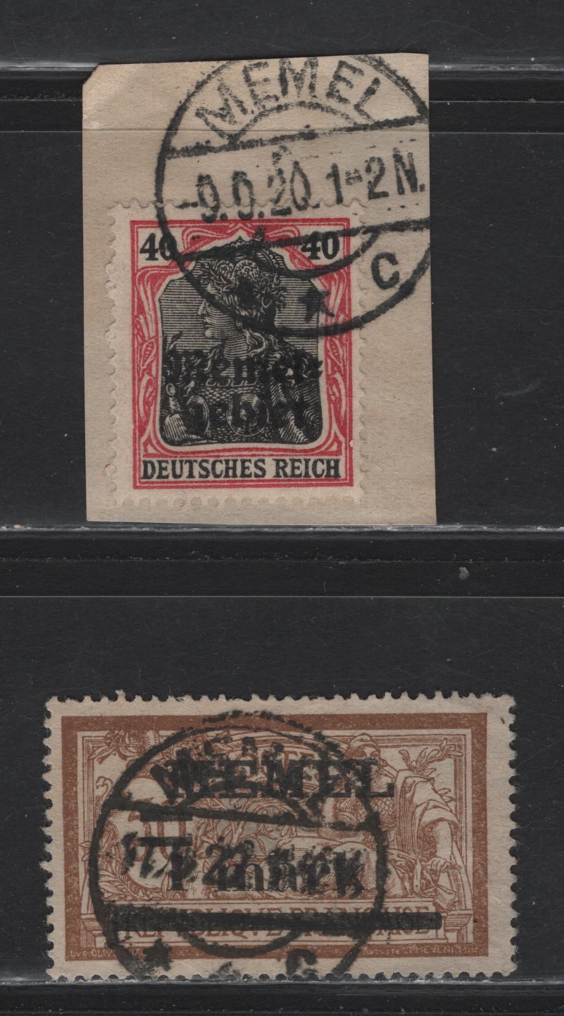 Lot 144 Memel SC#8, 26 (Michel# 6, 26Xa) 40pf - 1fr on 50c Lake & Black - Lively Brown & Light Bluish Gray , 1920 Surcharged Issues, 2 Fine/Very Fine Used Singles, GC Paper (Grayish/Brownish Newsprint like Paper)
