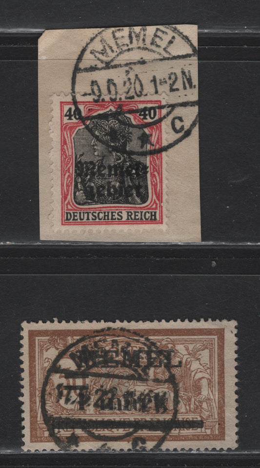 Lot 144 Memel SC#8, 26 (Michel# 6, 26Xa) 40pf - 1fr on 50c Lake & Black - Lively Brown & Light Bluish Gray , 1920 Surcharged Issues, 2 Fine/Very Fine Used Singles, GC Paper (Grayish/Brownish Newsprint like Paper)