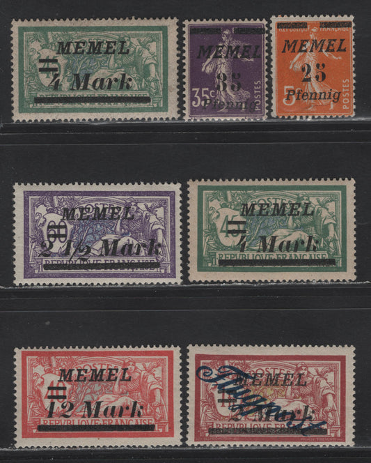 Lot 147 Memel SC#56, 58, 75, 77, 84, C13 25pf on 5c - 2m on 1fr Orange - Claret & Olive Green , 1922 Surcharged Sower& Merson Issues, 7 F/VFNH Singles, Includes 2 Shades of 4m on 45c