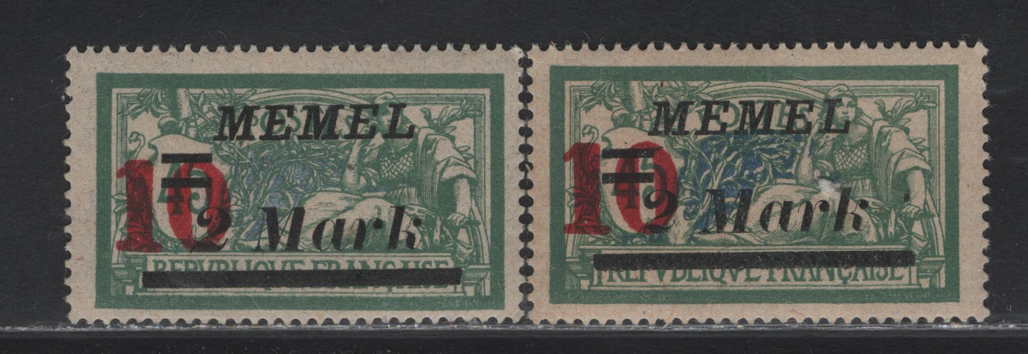 Lot 149 Memel SC#97 10m on 2m on 45c Green & Blue or Bluish Green and Blue , 1922-1923 Surcharged Issue, 2 F/VFNH Singles