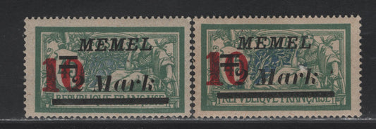 Lot 149 Memel SC#97 10m on 2m on 45c Green & Blue or Bluish Green and Blue , 1922-1923 Surcharged Issue, 2 F/VFNH Singles