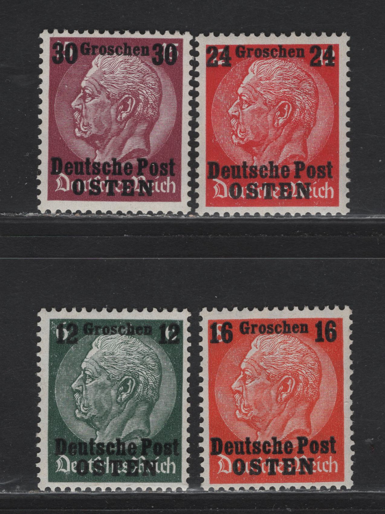 Lot 151 German Occupation of Poland SC#N19-N20, N22-N23 12g on 6pf - 30f on 15pf Dark Green - Maroon , 1939 Overprinted Hindenburg Issue, 4 VFNH Singles