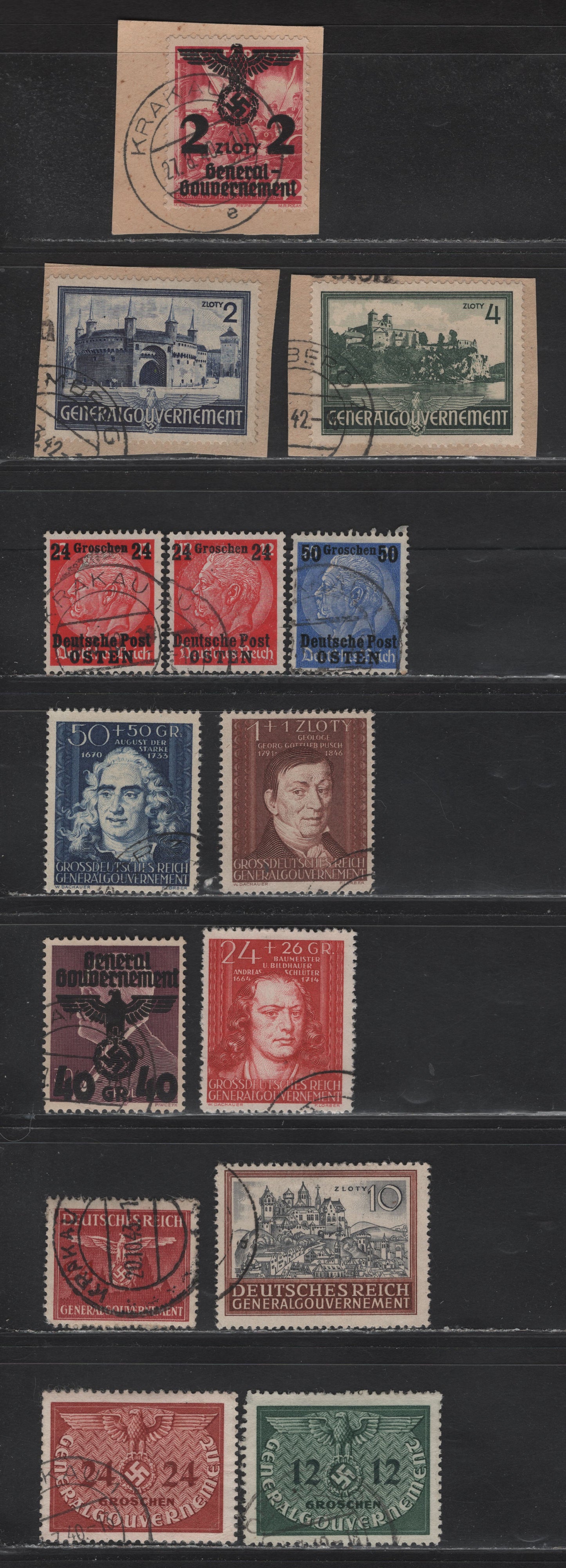 Lot 153 German Occupation of Poland SC#N22/NO6 24g on 12pf -24g Deep Carmine - Dark Red , 1939-1943 Overprinted Hindenburg - Official Issues, 14 Fine/Very Fine Used Singles, Postally used, Including On Piece, Shades Of 24g