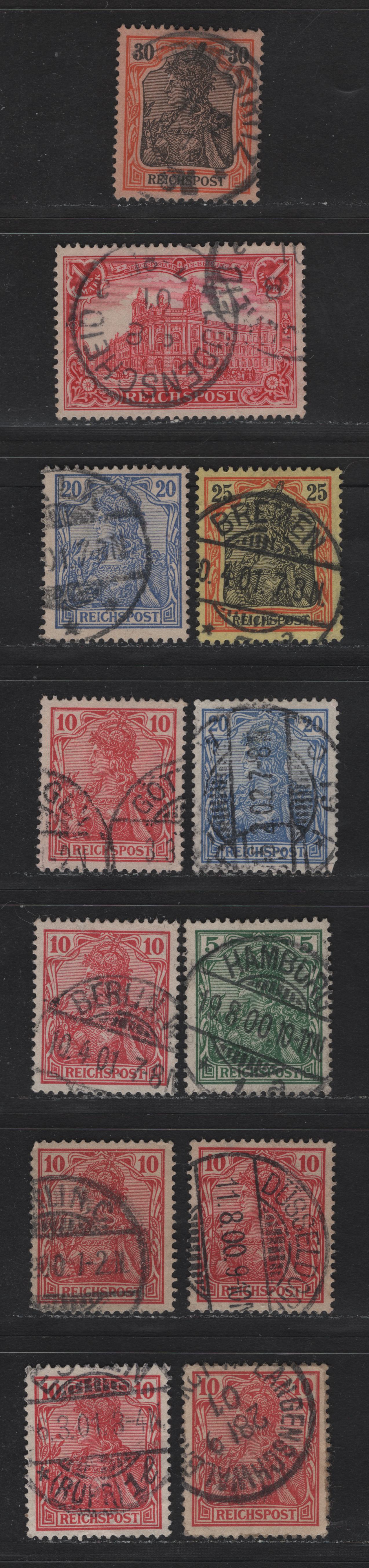 Lot 157 Germany States - Wurttemburg SC#54-58, 62 (Michel# 55, 56a, 56c, 57-59, 63) 5pf - 1m Green - Carmine Red , 1900 Germania Inscribed Reichpost Issues, 12 Fine/Very Fine Used Singles, Includes A Number Of Shades