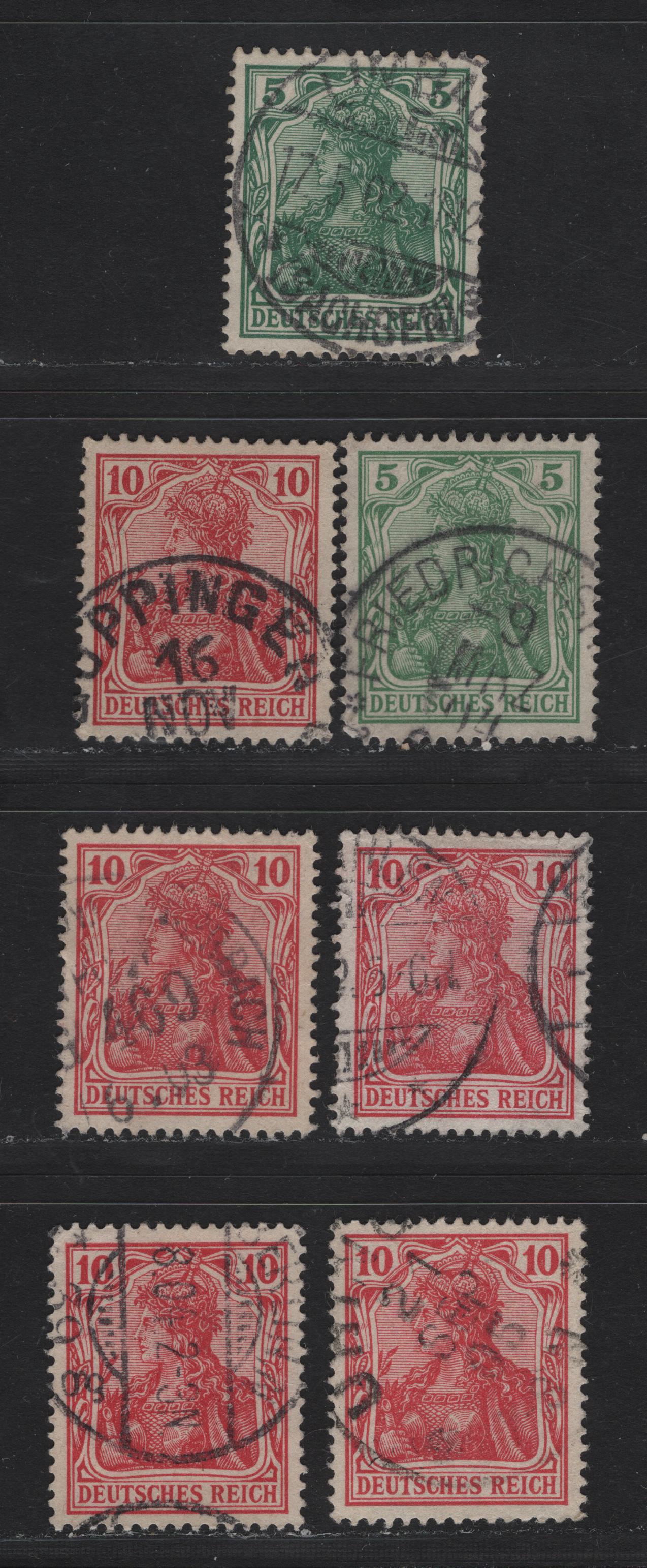 Lot 159 Germany SC#67-68 5pf Green - 10pf Carmine  , 1902 Germania Issue, 7 Very Fine Used Singles, Unwatermarked