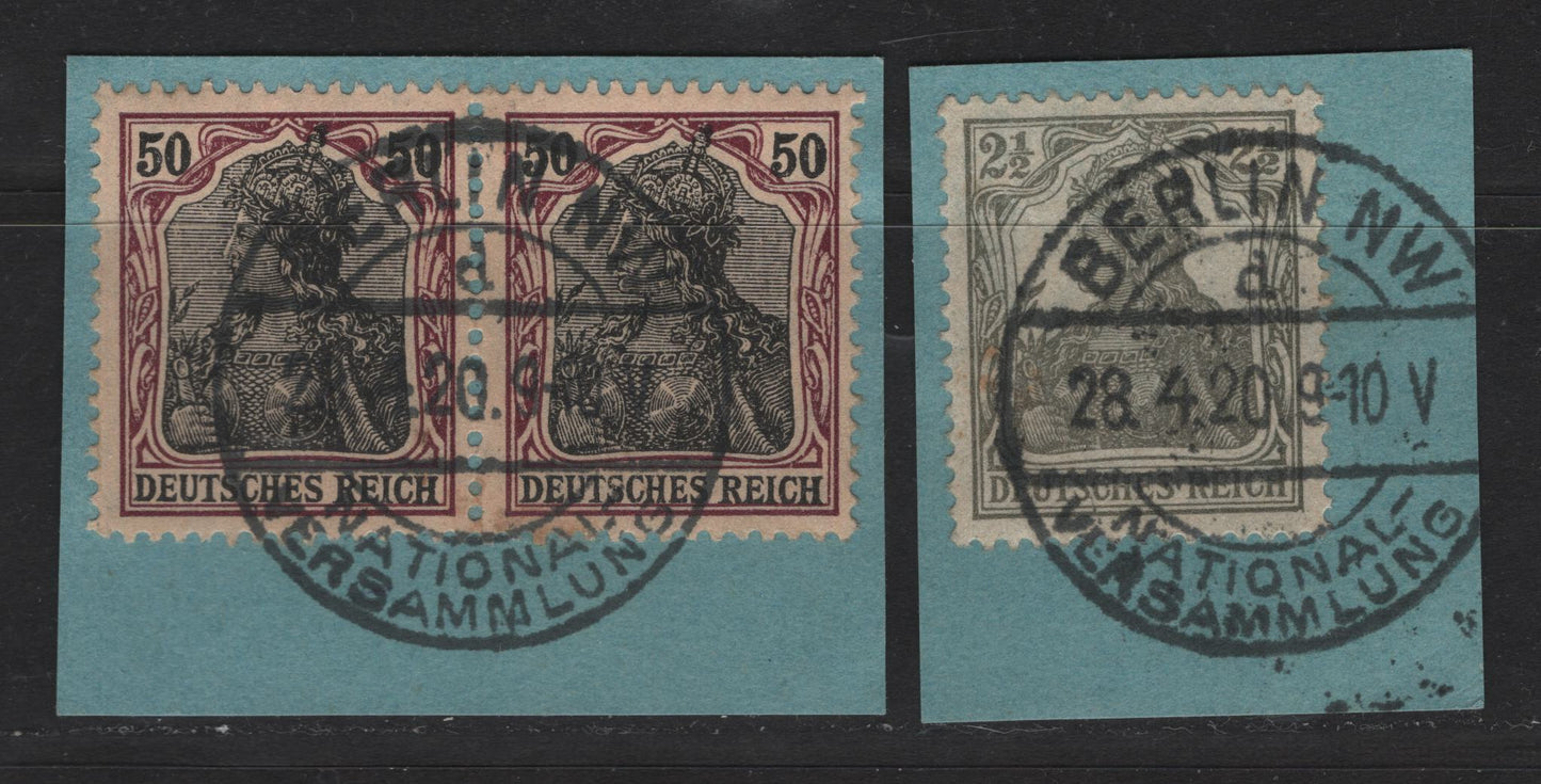 Lot 165 Germany SC#88, 96 2.5pf - 50pf Light Gray - Purple & Black , 1905-1915 Germania Issue, 2 Very Fine Used Singles, Wartime & Postwar Printings On Piece With April 28, 1920 Berlin National Meeting Cancels