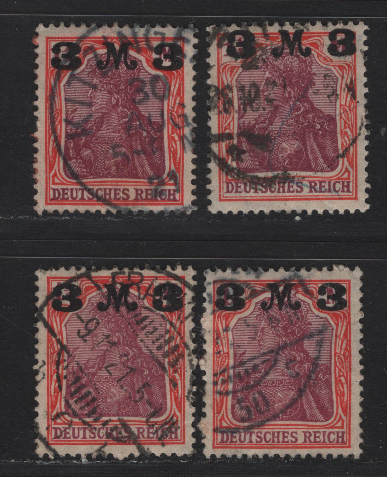 Lot 168 Germany SC#134 (Michel# 155Ia, 155IIa) 3m on 1.25m Vermillion & Magenta , 1921 Surcharged Issue, 4 Very Fine Used Singles