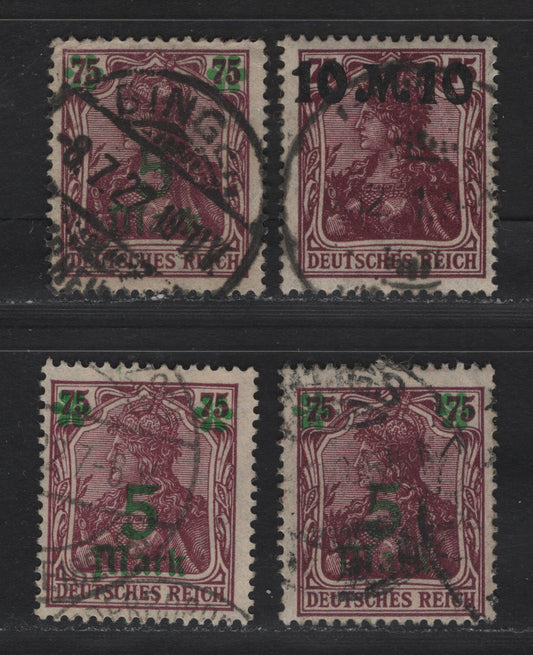 Lot 169 Germany SC#135-136 (Michel# 156II, 157I) 5m on 75pf - 10m on 75pf  , 1921 Surcharged Issue, 4 Fine Used SIngles