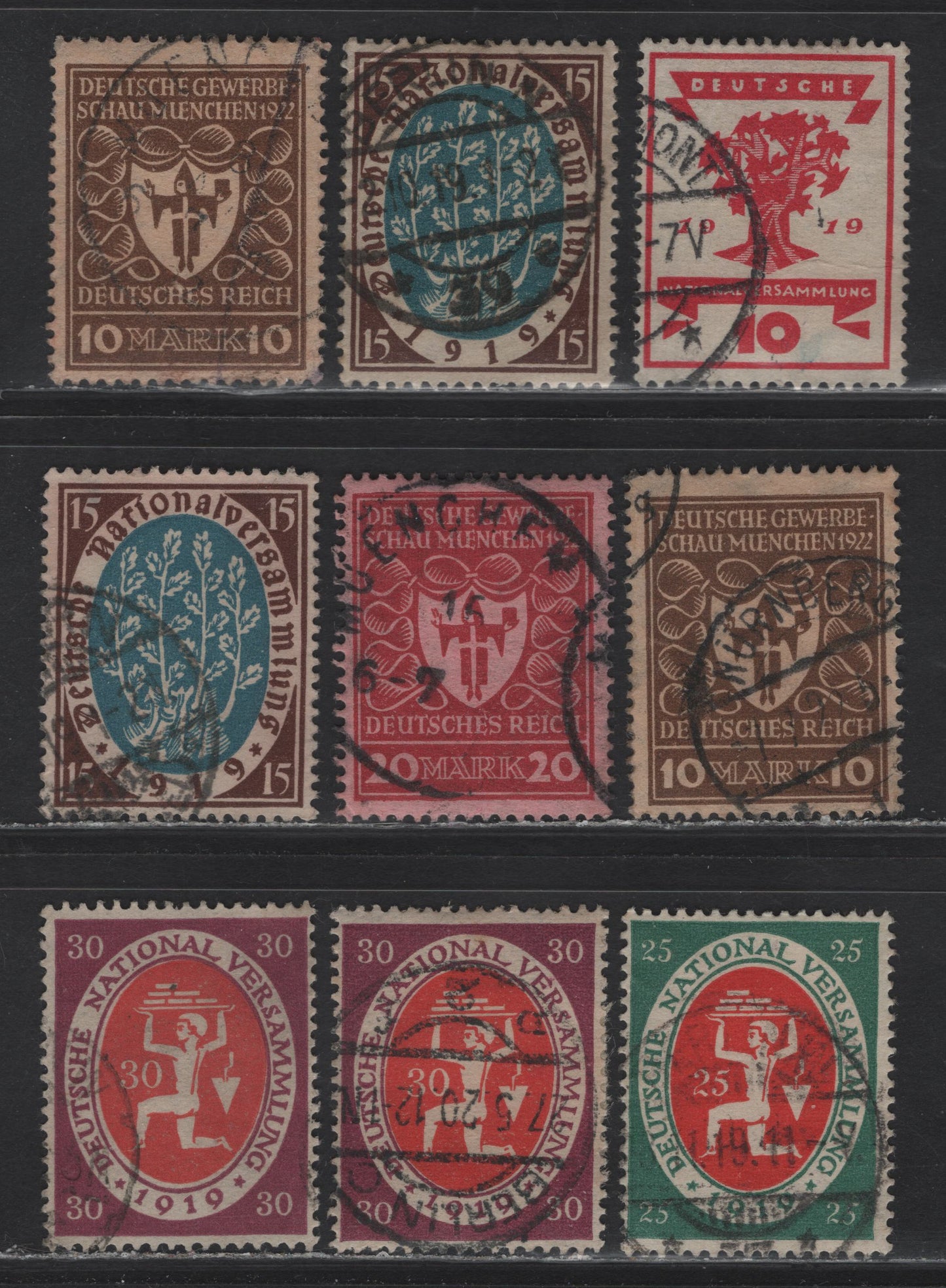 Lot 170 Germany SC#105-108, 216-217 10pf - 10m Carmine Rose - Brown , 1919-1922 National Assembly - Arms of Munich Issues, 9 Fine/Very Fine Used Singles, Including Unlisted Shade Varieties
