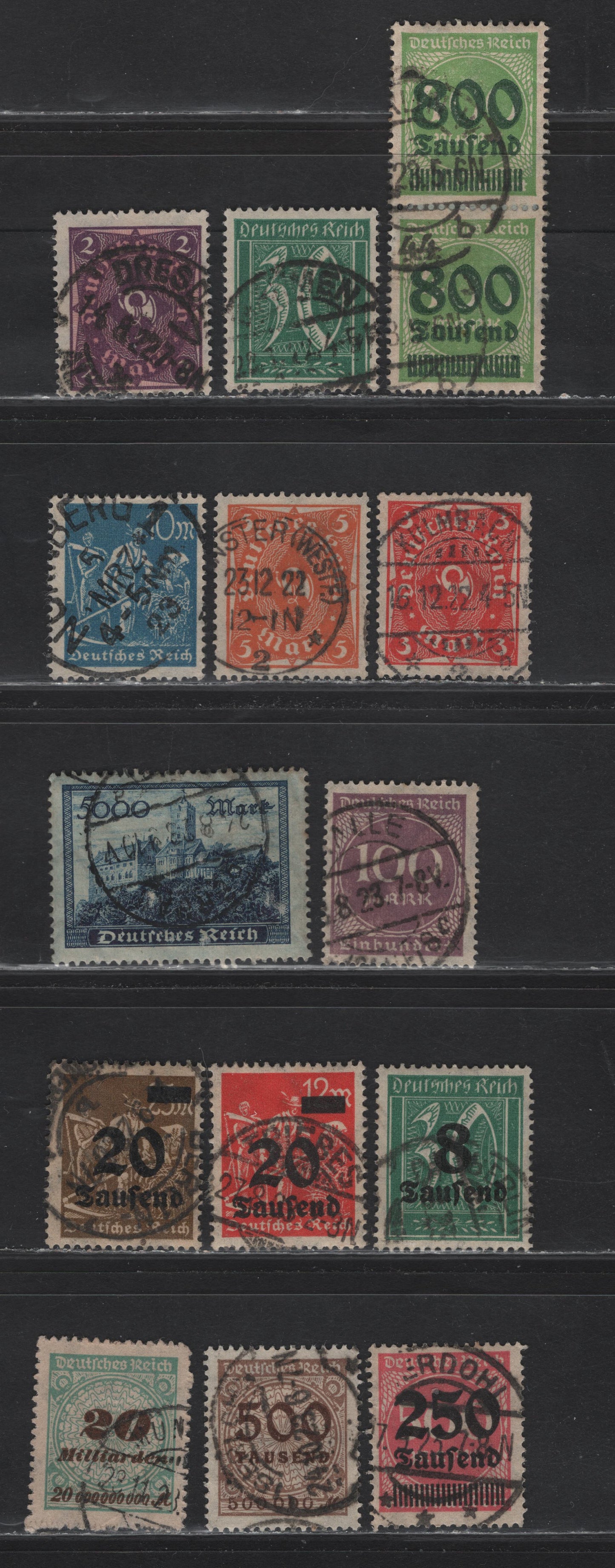 Lot 171 Germany SC#141, 177, 186, 188, 222, 229, 237, 241, 244-245, 259, 266, 280, 298 30pf - 20mlrd Blue Green - Bluish Green & Brown , 1921-1923 Definitive Issues, 14 Fine/Very Fine Used Singles, Postally Used Examples