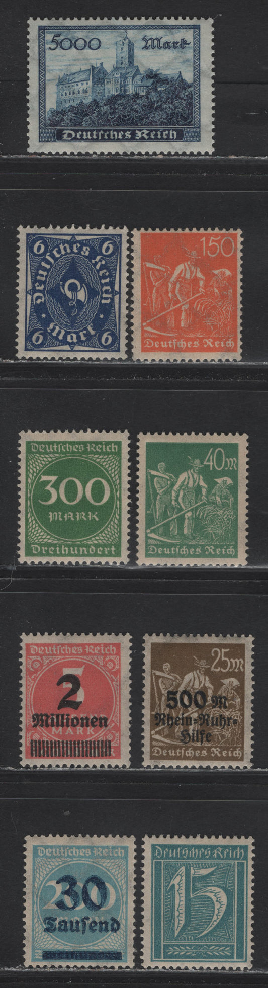 Lot 173 Germany SC#139, 189, 175, 237, 227, 231, 249, 272, 136 15pf - 25m+500pf Greenish Blue - Olive Brown , 1921 Labor & Posthorn Issues, 9 F/VFNH Singles