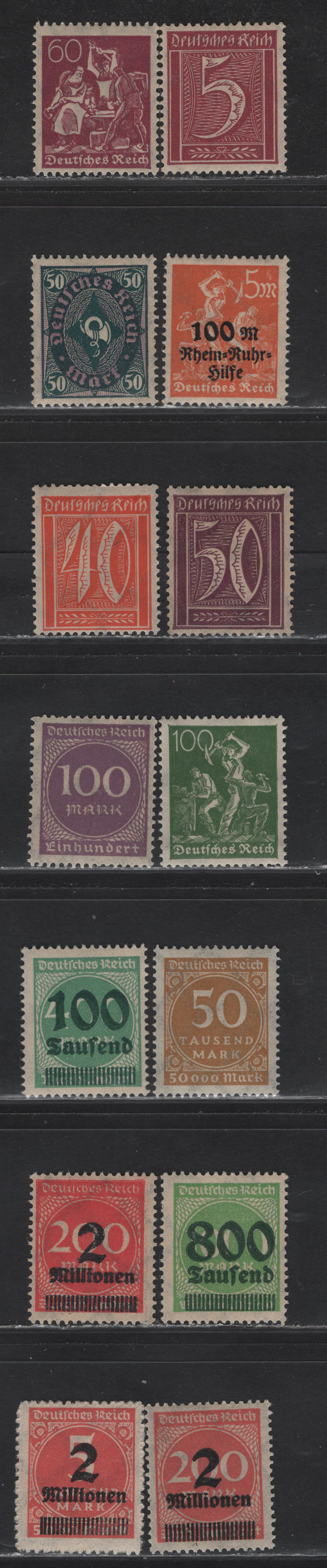 Lot 174 Germany SC#137, 144, 166-167, 172, 184, 229, 239, 254, 268-269, 278, B5 5pf - 2mil on 5thm Claret - Dull Rose , 1921-1923 Labor & Posthorn - Surcharged Issues, 13 F/VFNH Singles, Lozenges Wmk