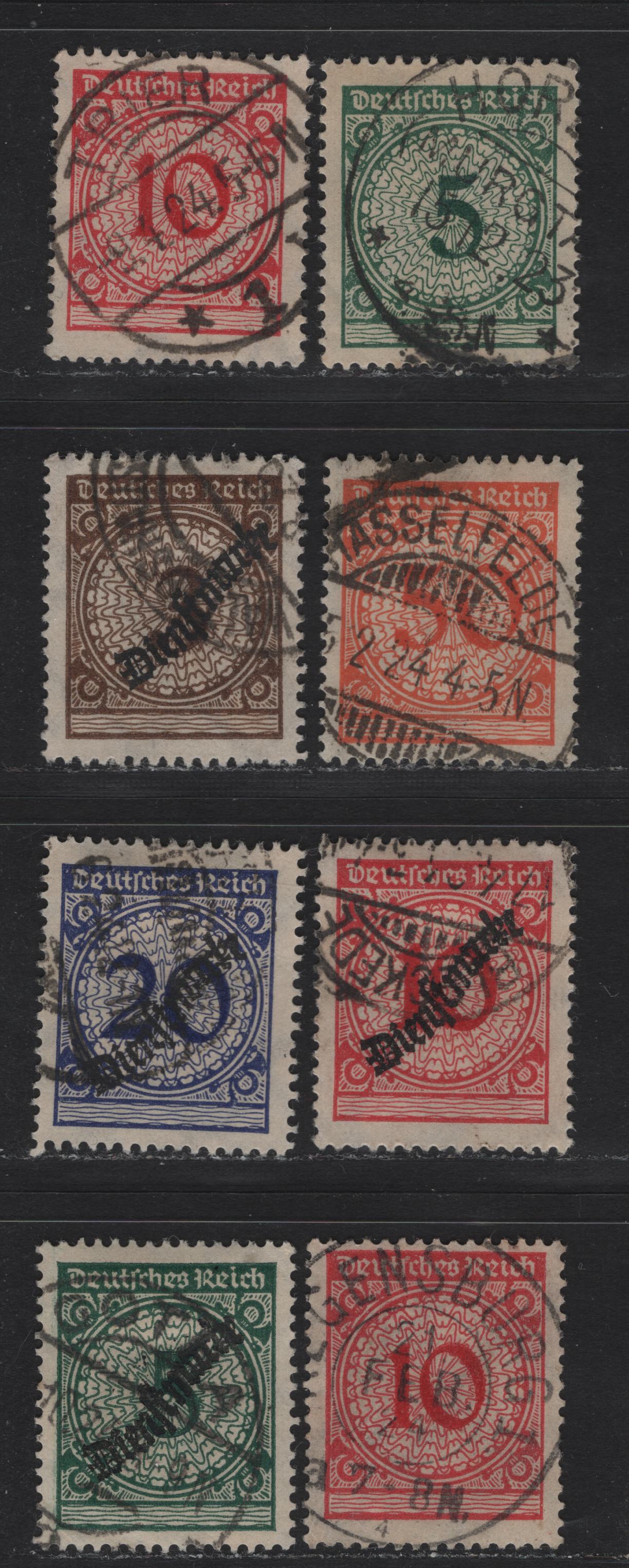 Lot 176 Germany SC#324-325, 327, O47-O50 5pf - 20pf Dark Green - Deep Ultramarine , 1923 Numeral - Official Overprinted Issues, 8 Fine/Very Fine Used Singles, Flate & Rotary Press Printings