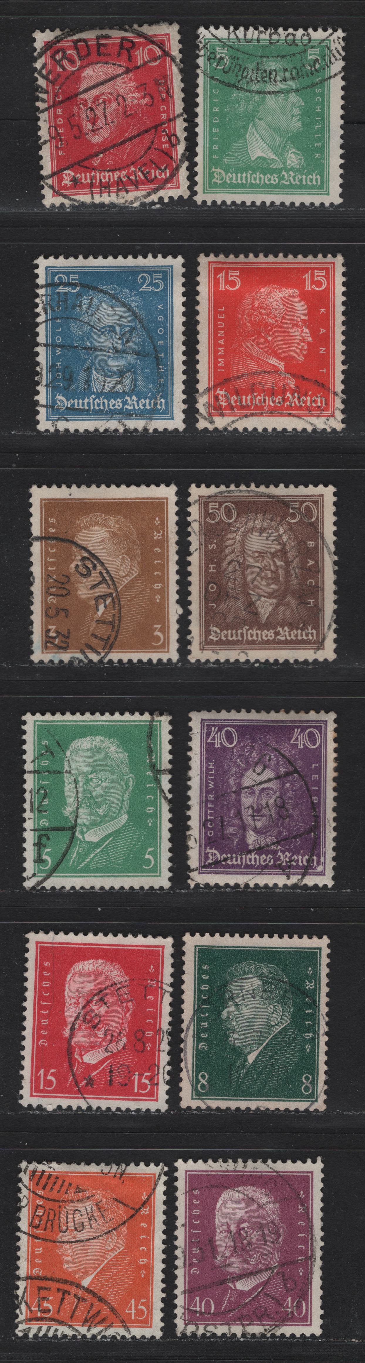 Lot 179 Germany SC#353b, 355-356, 358, 360-361, 365-366, 370, 374, 379-380 5pf - 50pf Light Green - Brown , 1926-1932 Composers - Hindenburg & Ebert Portraits Issues, 12 Fine/Very Fine Used Singles