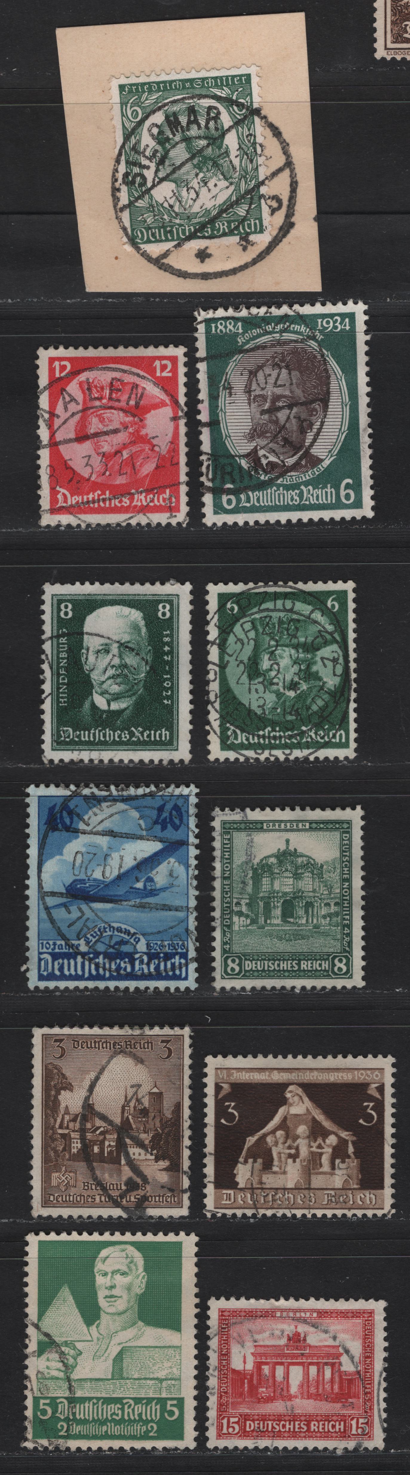 Lot 180 Germany SC#398-399, 433, 446, 469, 473, B19, B35, B38, 486 6pf - 5pf+2pf Dark Green - Green , 1933-1934 Potsdam Day - Professions Semi Postal Issues, 11 Fine/Very Fine Used Singles