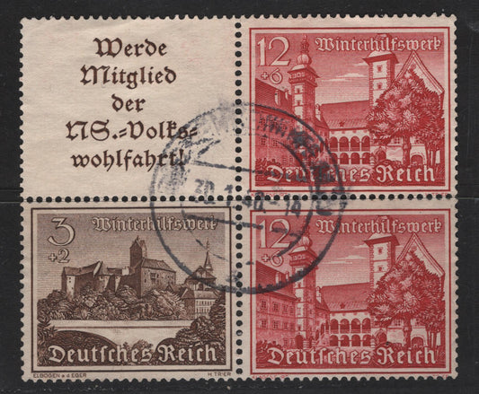 Lot 181 Germany SC#B160, B165 (Michel# 5k36, W140) 3pf+2pf - 12pf+6pf Dark Brown - Dark Carmine , 1939 Buidlings Semi Postals, A Very Fine Used Se-tenant Block, From Booklet Pane, Some Minor Perf Separation