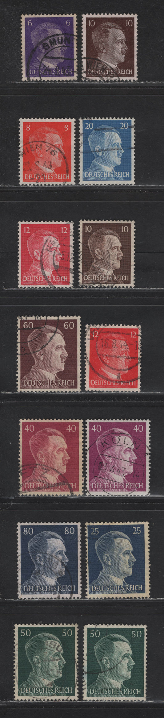 Lot 186 Germany SC#510-511B, 512-513, 516, 518, 520-523 6pf - 80pf Purple - Indigo , 1941-1944 Hitler Heads Issue, 14 Fine/Very Fine Used Singles, Extra Shades Of 40pf & 50pf