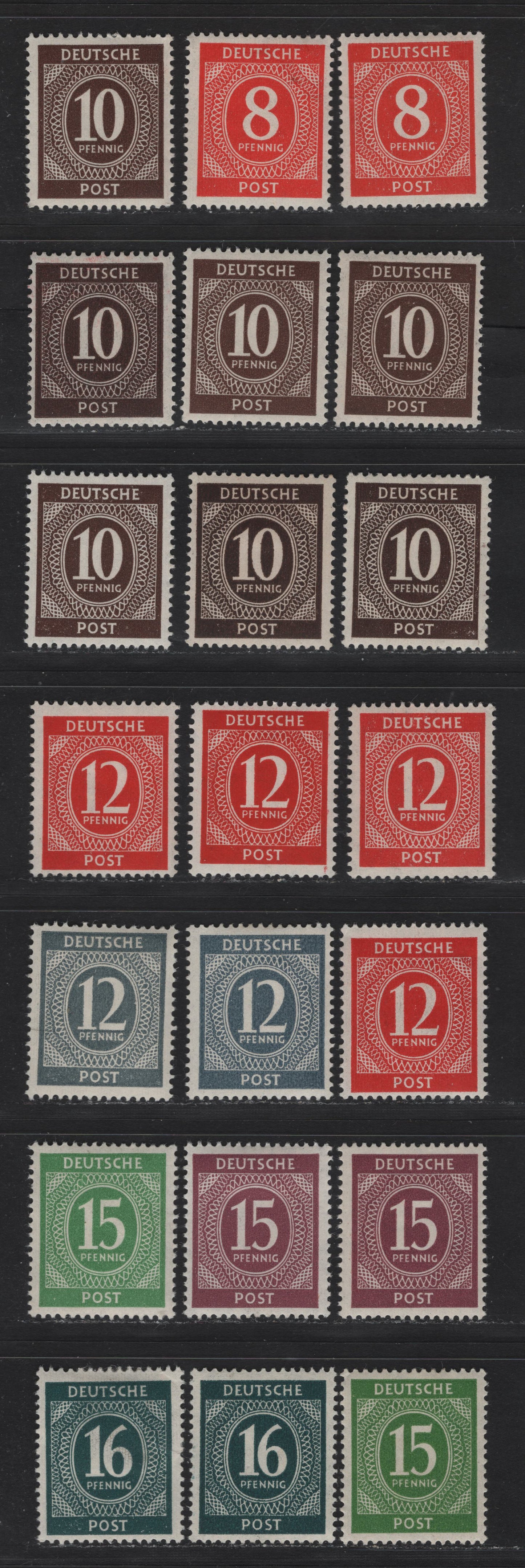 Lot 188 Germany SC#536/542 (Michel# 917a/923b) 8pf - 16pf Deep Vermillion - Slate Green , 1946 Numeral Issue, 21 F/VFOG Singles, Showing Truly Astonishing Range Of Shades