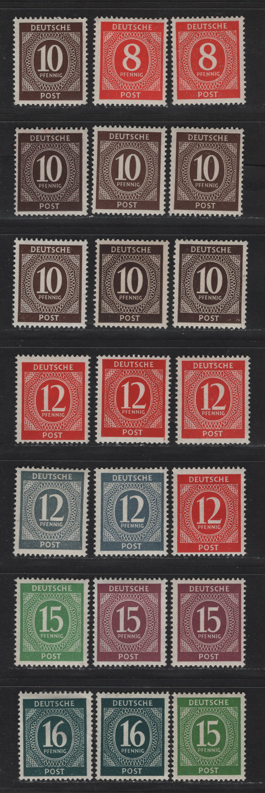 Lot 188 Germany SC#536/542 (Michel# 917a/923b) 8pf - 16pf Deep Vermillion - Slate Green , 1946 Numeral Issue, 21 F/VFOG Singles, Showing Truly Astonishing Range Of Shades