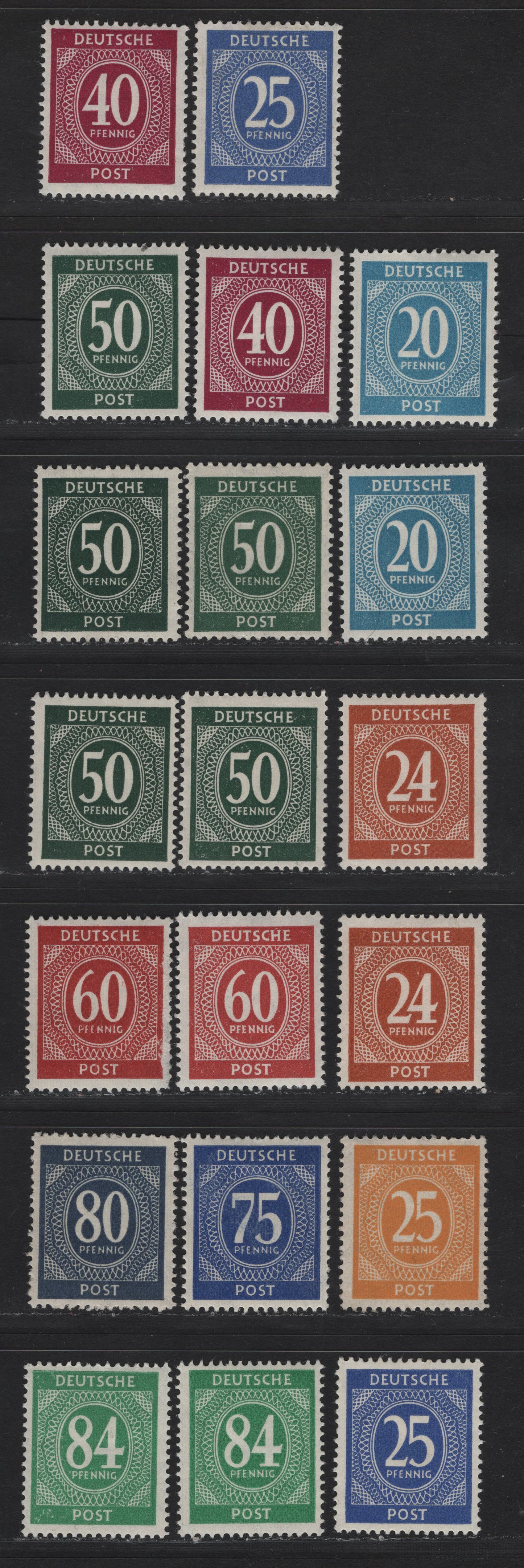 Lot 189 Germany SC#543/555 (Michel# 924a/936c) 20pf - 84pf Light Blue - Emerald , 1946 Numeral Issue, 20 F/VFOG Singles, Showing More Of The Shade Variations That Can Be Found On This Set