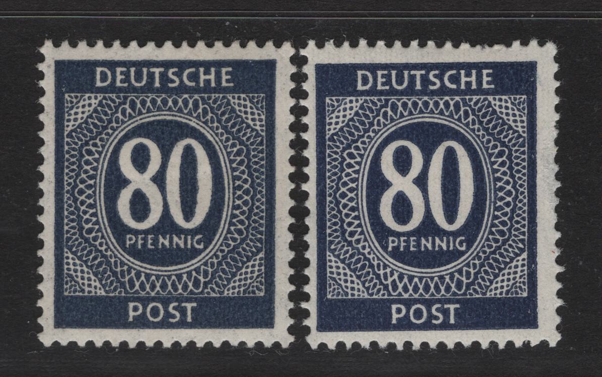 Lot 189A Germany SC#554 (Michel# 935a,d) 80pf Blackish Violet Ultramarine - Grayish Violet Ultramarine , 1946 Numeral Issue, 2 F/VFOG Singles, Nicely Centered Example Of This Very Scarce Michel Listed Shade