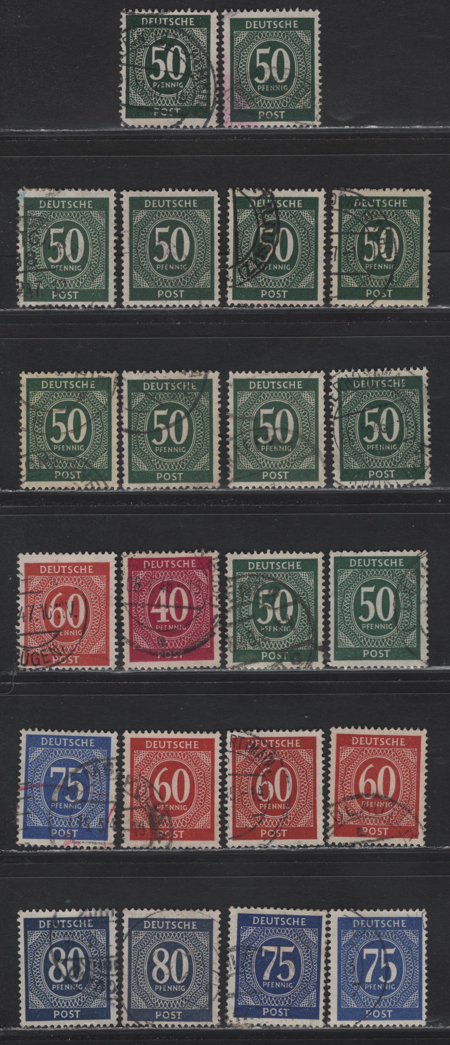 Lot 191 Germany SC#548/554 (Michel# 292a/935a) 40pf - 80pf Red Violet - Dark Gray Ultramarine , 1946 Numeral Issue, 10 Fine/Very Fine Used Singles, Useful Range of Shades, All of Which Are Variations of the Basic Shades