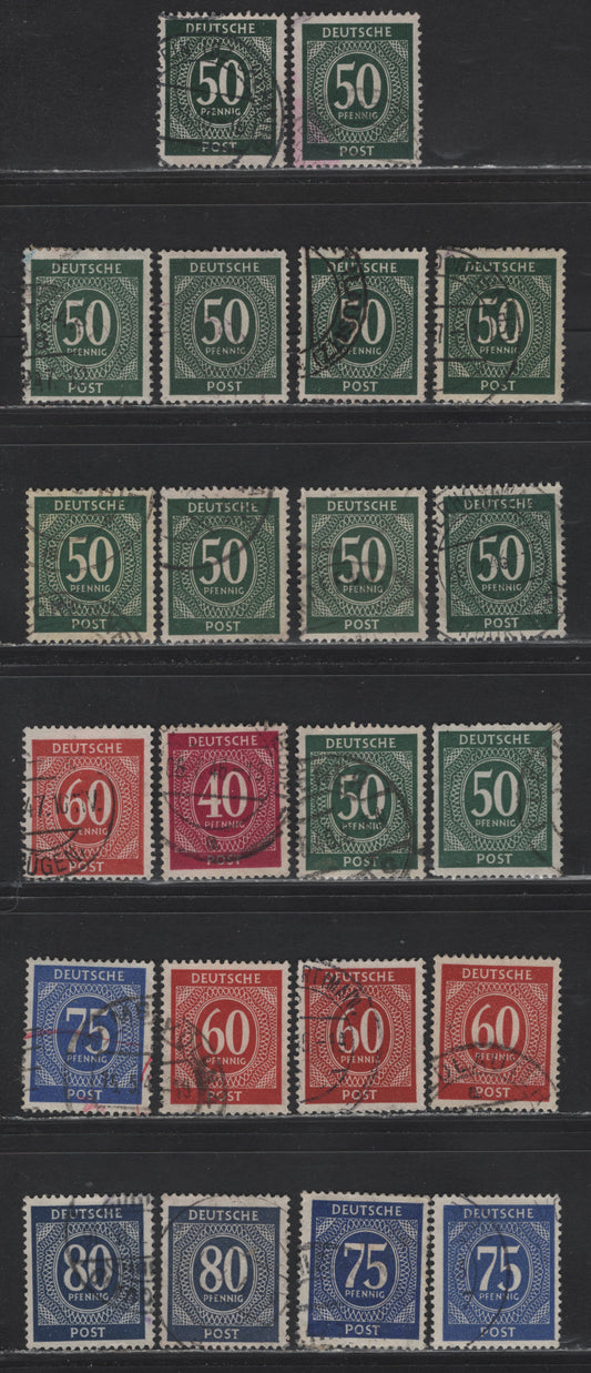 Lot 191 Germany SC#548/554 (Michel# 292a/935a) 40pf - 80pf Red Violet - Dark Gray Ultramarine , 1946 Numeral Issue, 10 Fine/Very Fine Used Singles, Useful Range of Shades, All of Which Are Variations of the Basic Shades