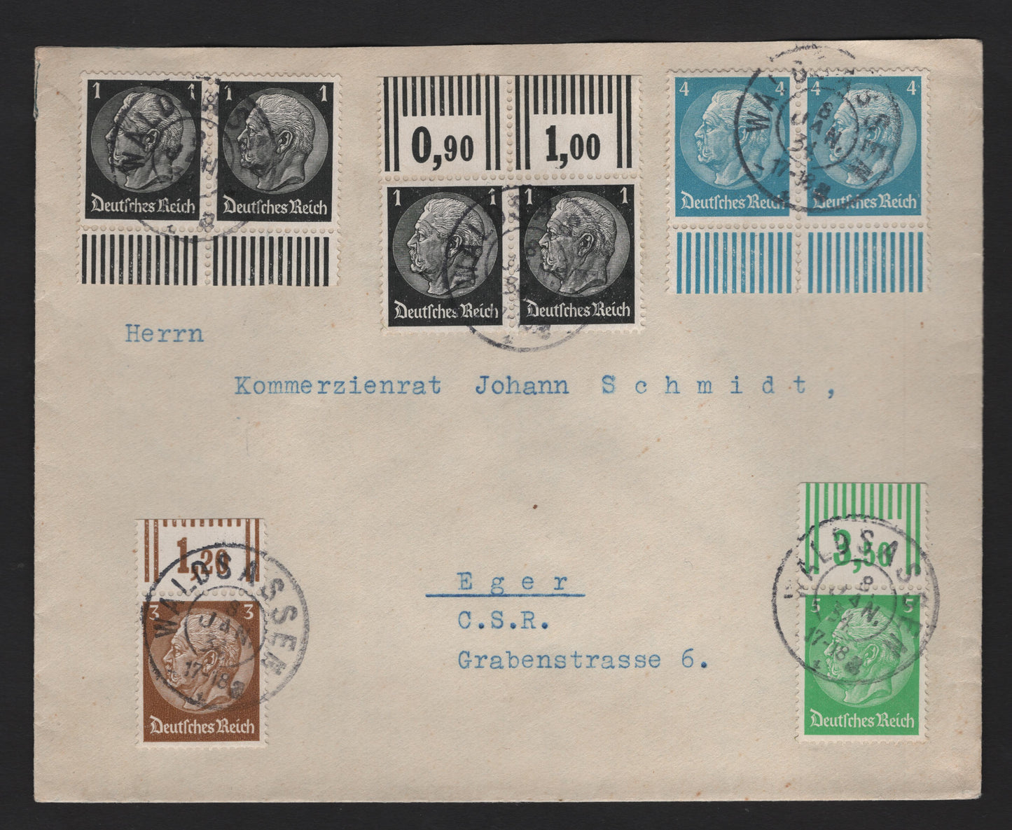 Lot 192 Germany SC#415-418 (Michel# 512W0R, 513xW0R, 514W0R, 515W0R) 1pf - 5pf Black - Bright Green , 1933-1936 Hindenburg Definitives, A Very Fine Used Cover, Franked With Singles With Attached Tabs, January 1834 Local Cover