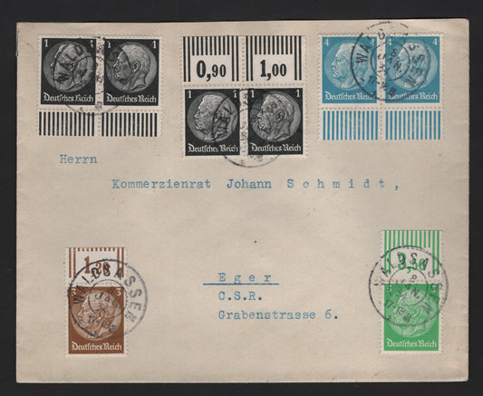 Lot 192 Germany SC#415-418 (Michel# 512W0R, 513xW0R, 514W0R, 515W0R) 1pf - 5pf Black - Bright Green , 1933-1936 Hindenburg Definitives, A Very Fine Used Cover, Franked With Singles With Attached Tabs, January 1834 Local Cover