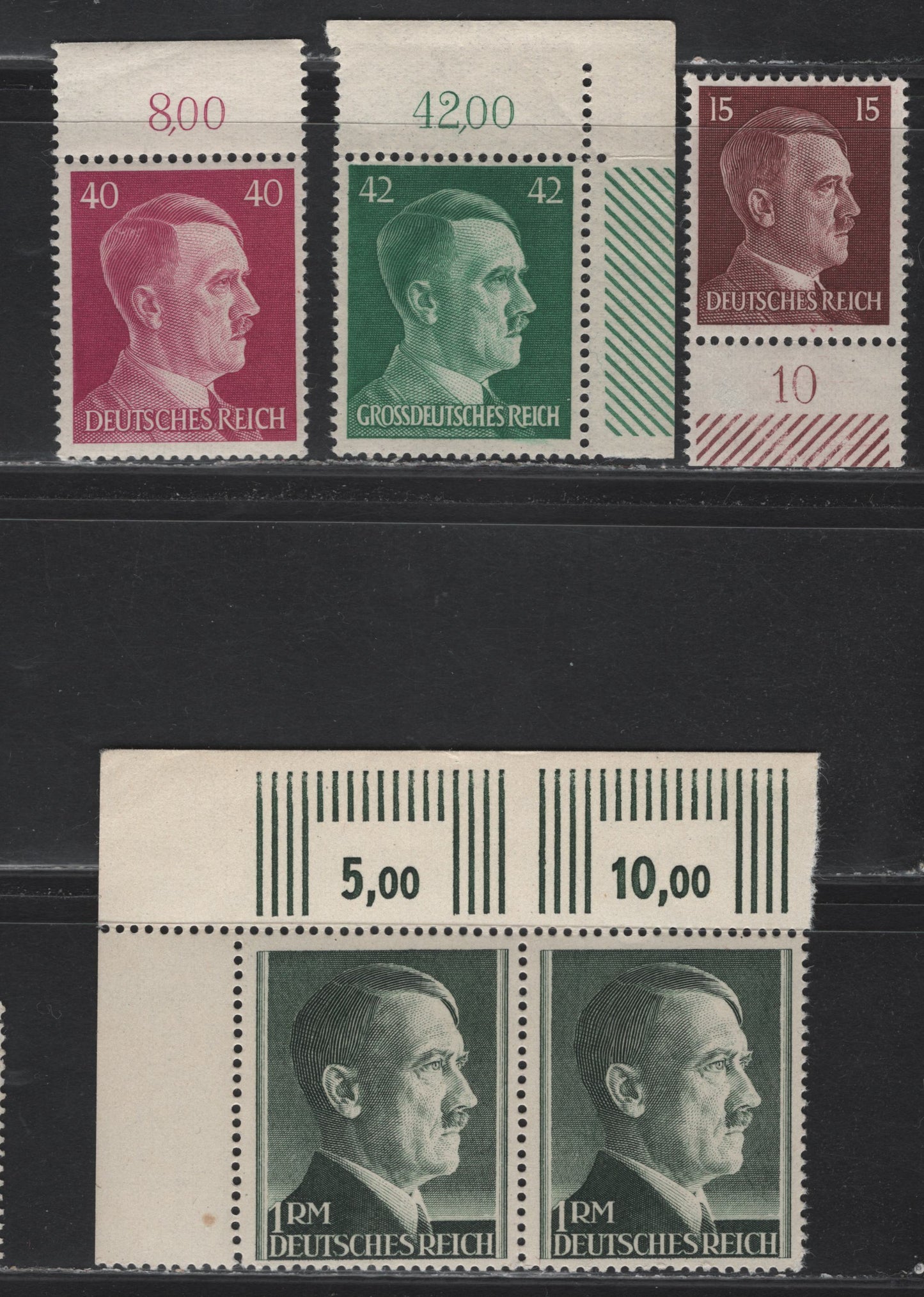 Lot 198 Germany SC#511A, 520, 524, 529 10pf - 1m Dark Brown - Dark Slate Green , 1941-1944 Hitler Heads Issue, 4 F/VFNH Singles & Pair, Plate Counting Tabs, Unlisted In Michel