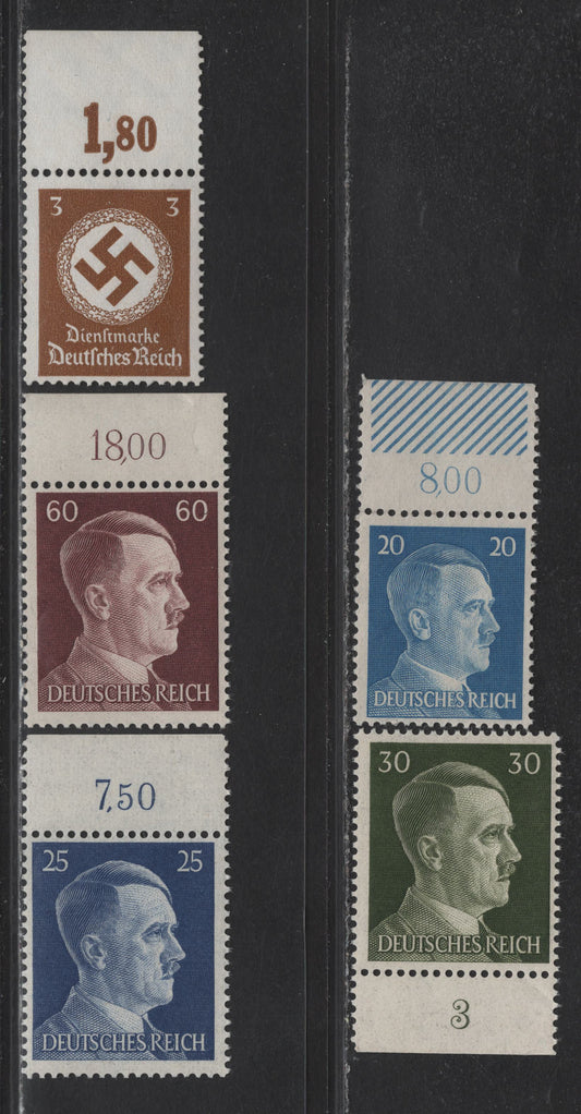 Lot 199 Germany SC#O80, 516, 518-519, 522 (Michel# 166P0R, 791, 794, 793a, 797 20pf - 3pf Light Blue - Bistre Brown , 1934-1944 Officials - Hitler Heads Issue, 5 FNH Singles, Plate Counter Tabs, 166P0R Lists for 15 Euro, With The Others Not Listed