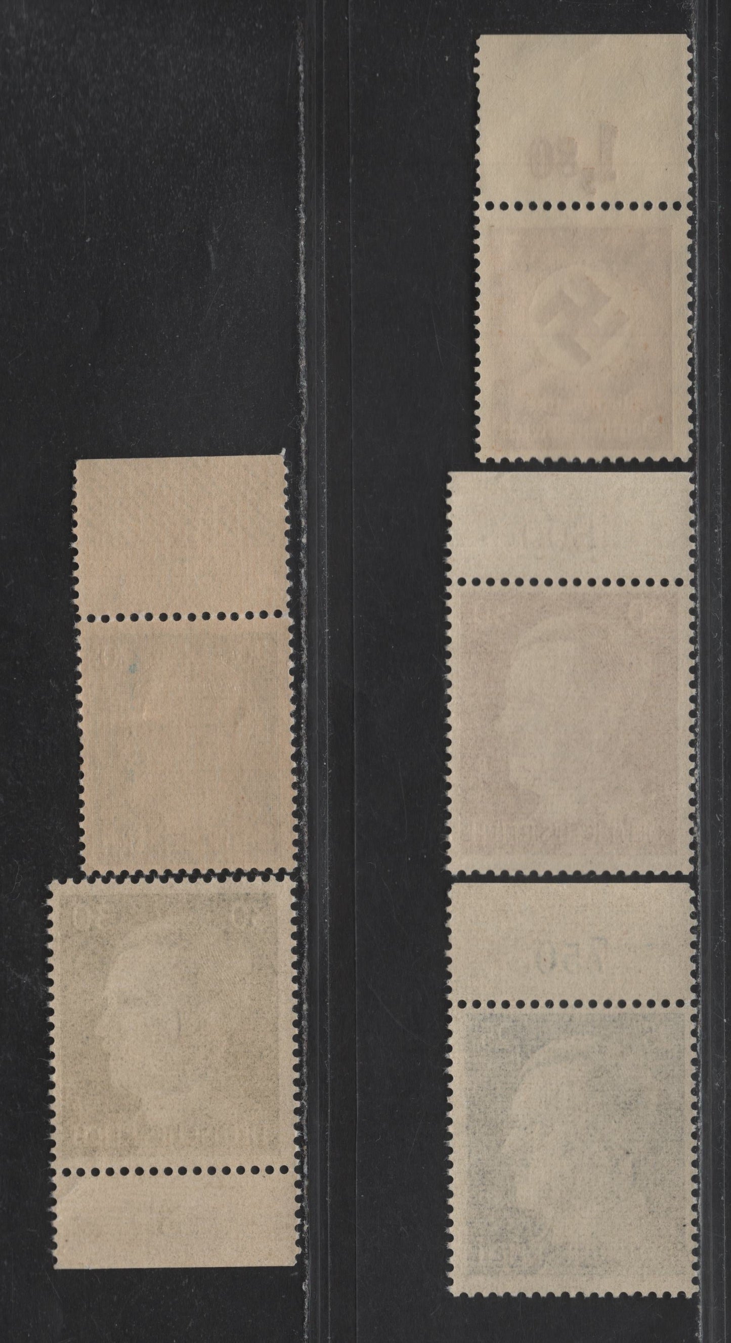 Lot 199 Germany SC#O80, 516, 518-519, 522 (Michel# 166P0R, 791, 794, 793a, 797 20pf - 3pf Light Blue - Bistre Brown , 1934-1944 Officials - Hitler Heads Issue, 5 FNH Singles, Plate Counter Tabs, 166P0R Lists for 15 Euro, With The Others Not Listed