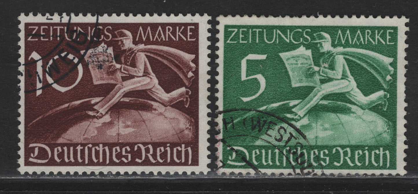 Lot 202 Germany SC#P1-P2 5pf - 10pf Green - Red , 1939 Newspaper Issue, 2 Fine Used Singles, Scarce, Postally Used