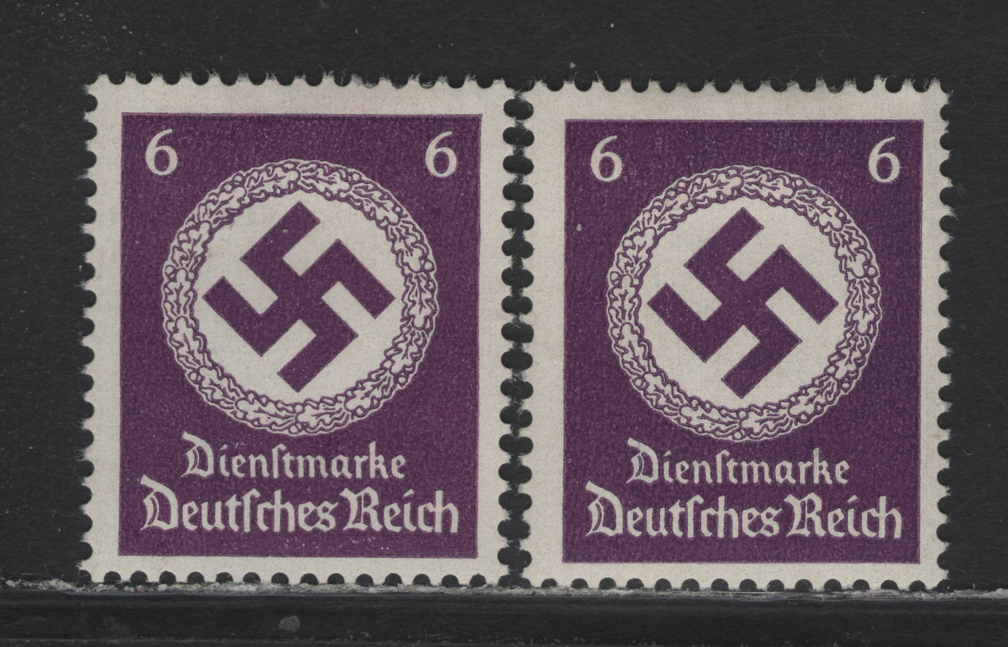 Lot 204 Germany SC#O95 (Michel# 169b) 6pf Blackish Purple Violet , 1942 Swastika Official Issue, 2 FOG Singles, Unwatermarked