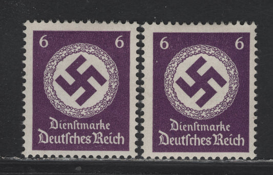 Lot 204 Germany SC#O95 (Michel# 169b) 6pf Blackish Purple Violet , 1942 Swastika Official Issue, 2 FOG Singles, Unwatermarked