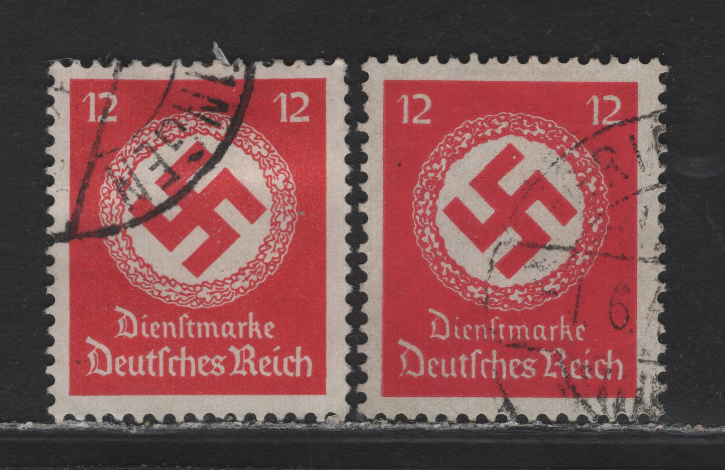 Lot 205 Germany SC#O86a, O988a 12pf Bright Carmine - Rose Carmine , 1934-1942 Swastika Official Issues, 2 Very Fine Used Singles, Two Scarcer Varieties Of The 12pf, Missing From Most Collections We See