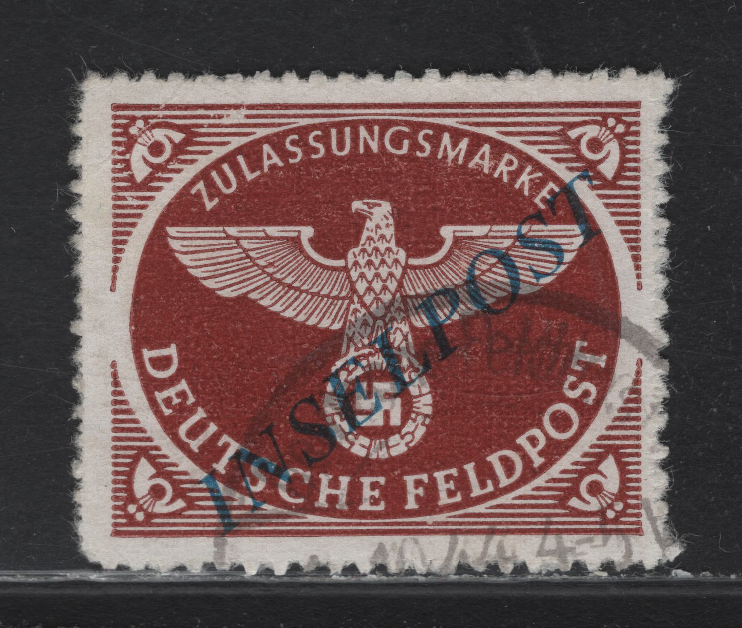 Lot 207 Germany Michel#10BbI Deep Brown Red , 1944 Insel Post on Rouletted Military Parcel Post Issue, A Very Fine Used Single, Dark Blue Overprint At 40 Degree Angle From Plate 1/1 - 1/3, CTO Cancel
