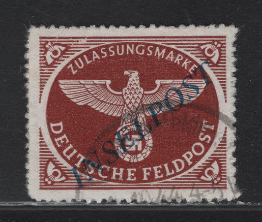 Lot 207 Germany Michel#10BbI Deep Brown Red , 1944 Insel Post on Rouletted Military Parcel Post Issue, A Very Fine Used Single, Dark Blue Overprint At 40 Degree Angle From Plate 1/1 - 1/3, CTO Cancel