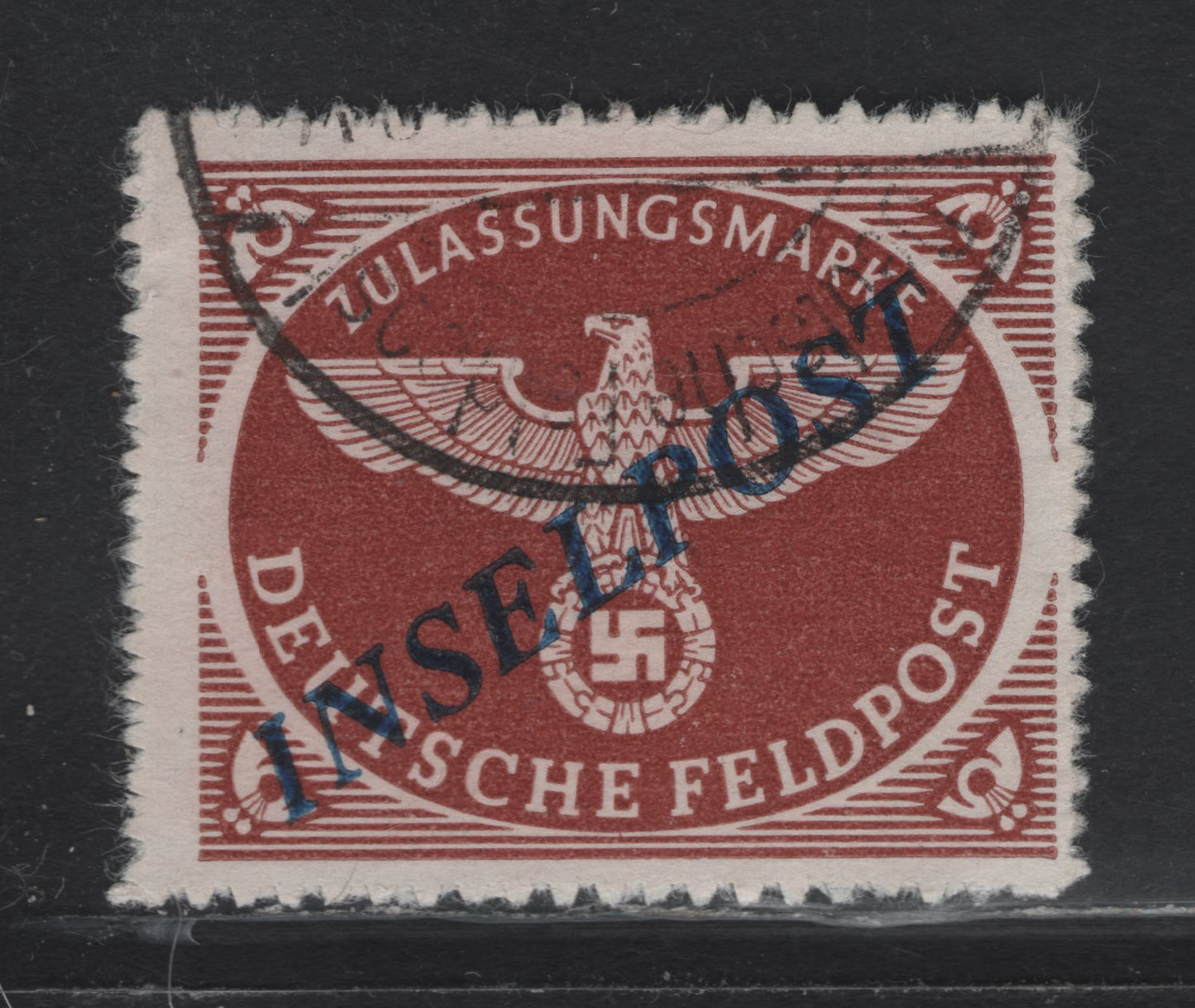 Lot 208 Germany Michel#10BbI Deep Brown Red , 1944 Insel Post on Rouletted Military Parcel Post Issue, A Fine Used Single, Dark Blue Overprint At 36 Degree Angle, CTO Cancel