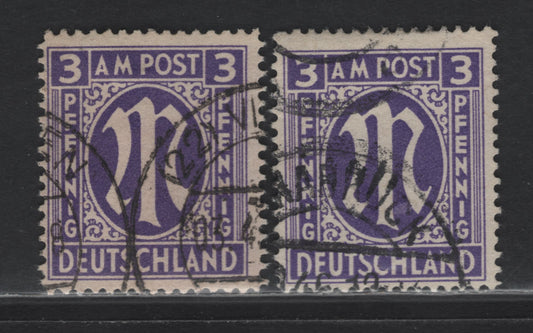 Lot 209 Germany SC#3N2b (Michel# 10Ay, 10Az) 3pf Bluish Violet , 1945-1946 Allied Military Gov't Issue, 2 Fine Used Singles, London Printing, Perf 14.25 on Papers Y & Z