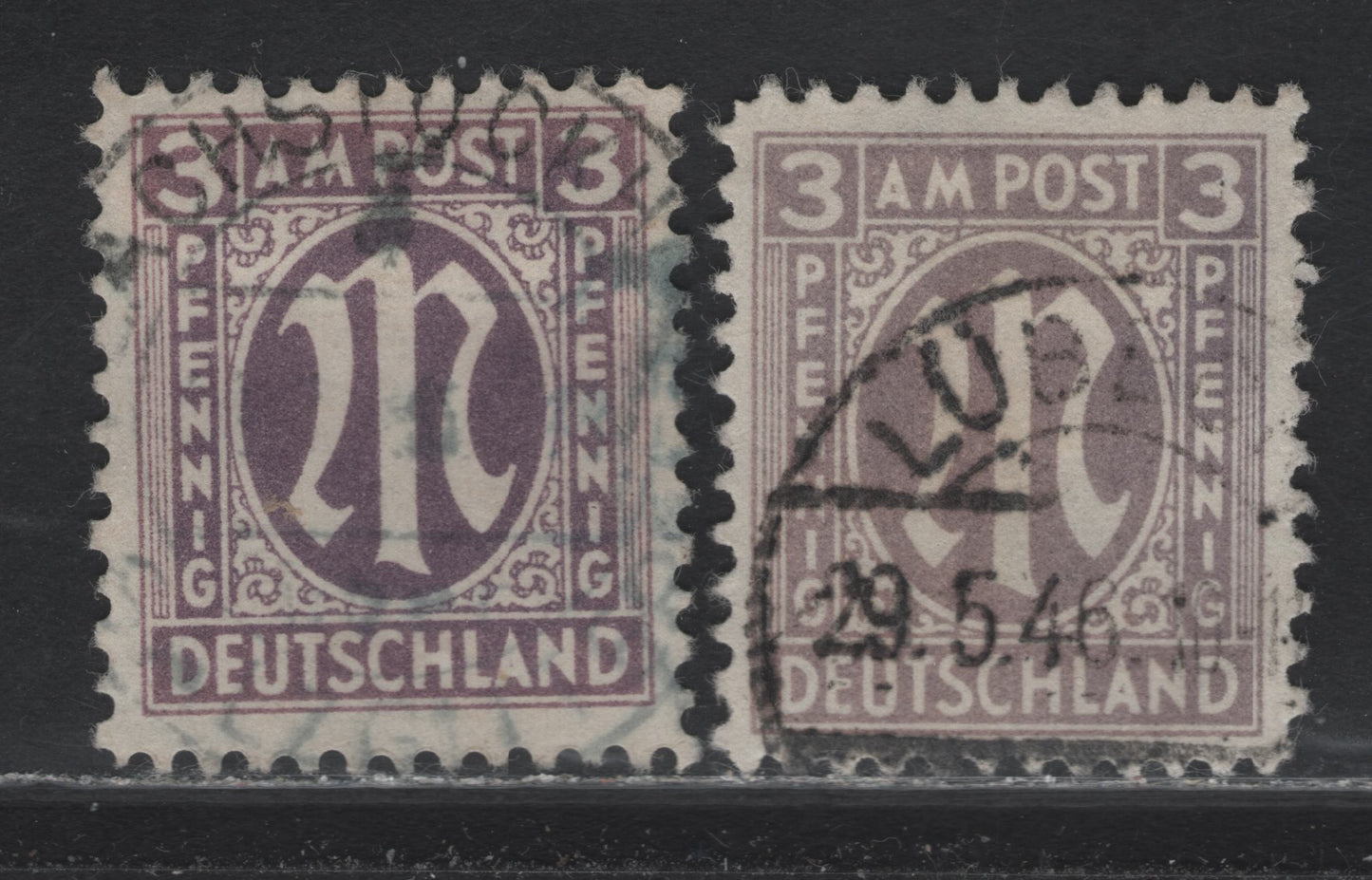 Lot 212 Germany SC#3N2 (Michel# 16Cz) 3pf Gray Violet & Pale Dull Gray Violet , 1945-1946 Allied Military Gov't Issue, 2 Very Fine Used Singles, Brunswick Printing, Paper Z, Perf 11.5x11, Scarce Group of Shades Compared to The Blue Violet.