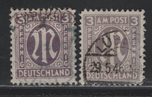 Lot 212 Germany SC#3N2 (Michel# 16Cz) 3pf Gray Violet & Pale Dull Gray Violet , 1945-1946 Allied Military Gov't Issue, 2 Very Fine Used Singles, Brunswick Printing, Paper Z, Perf 11.5x11, Scarce Group of Shades Compared to The Blue Violet.