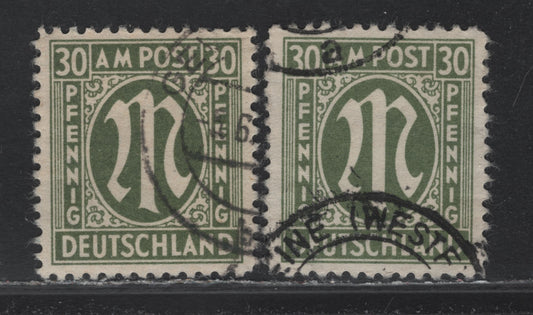 Lot 215 Germany SC#3N14 (Michel# 29aAz & aBz) 30pf Gray Olive , 1945-1946 Allied Military Gov't Issue, 2 Very Fine Used Singles, Paper Z, Perfs 11 & 11x11.5