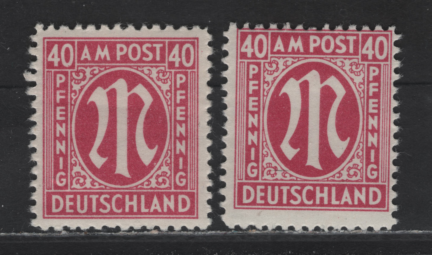 Lot 216 Germany SC#3N15 (Michel# 30cAz, 30dAz) 40pf Red Lilac , 1945-1946 Allied Military Gov't Issue, 2 FOG/VFNH Singles, Paper Z, Perf 11, Well Centered Example Of This Rare Shade, With More Common Dark Rose Lilac For Comparison.