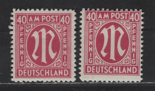 Lot 216 Germany SC#3N15 (Michel# 30cAz, 30dAz) 40pf Red Lilac , 1945-1946 Allied Military Gov't Issue, 2 FOG/VFNH Singles, Paper Z, Perf 11, Well Centered Example Of This Rare Shade, With More Common Dark Rose Lilac For Comparison.