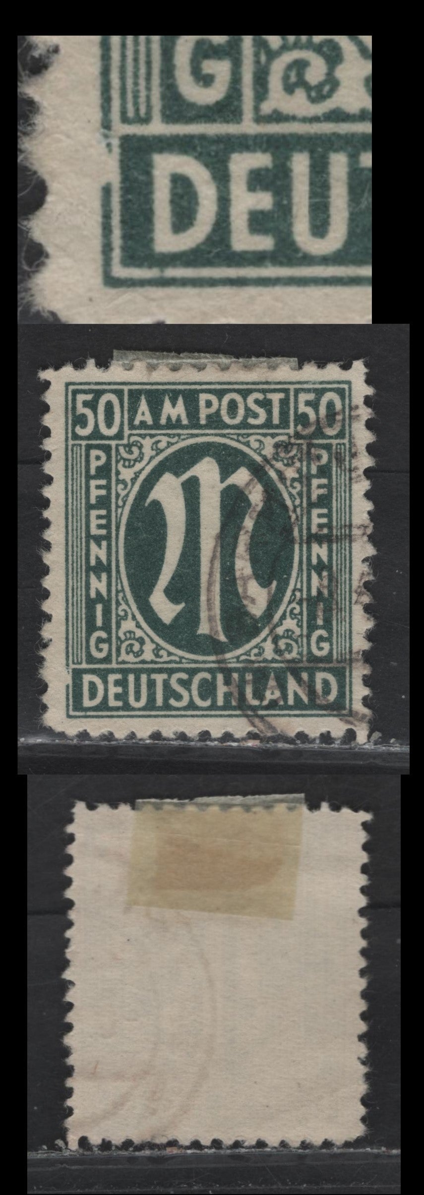 Lot 218 Germany SC#3N17 (Michel# 32VI) 50c Blackish Olive Green , 1945-1946 Allied Military Gov't Issue, A Very Fine Used Single, Paper Z, Perf 11x11.5, Showing Constat Frame Break At LL Opposite The D of Deutschland, Which Comes From Pos. 39 Of Type 5.